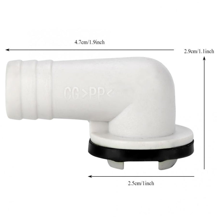 Elbow drain nozzle fitting, white plastic with black gasket, elbow outlet connector