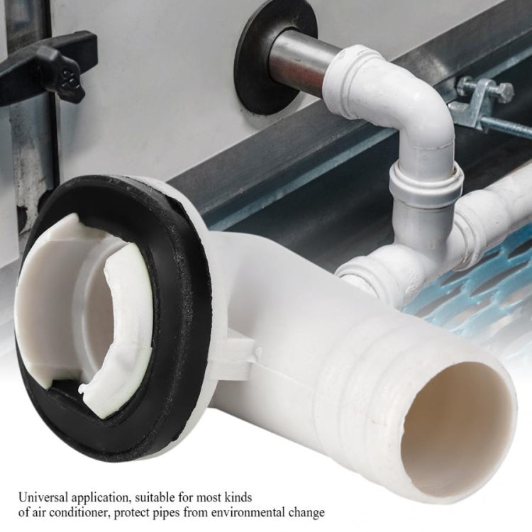 Universal AC drain nozzle elbow, white plastic connector with black rubber sealing ring