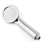 Chrome handheld shower head with round face and spray holes, threaded hose connection