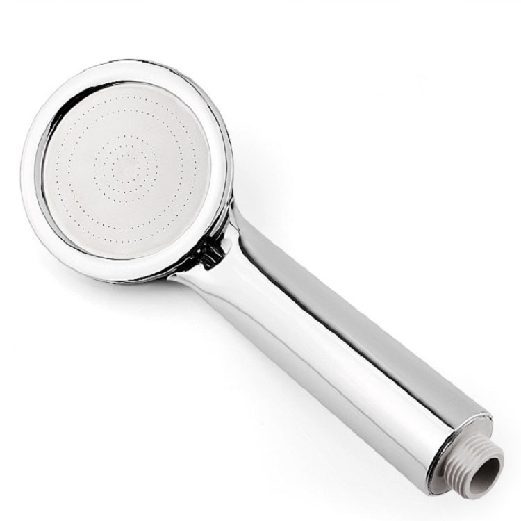 Chrome handheld shower head with round face and spray holes, threaded hose connection