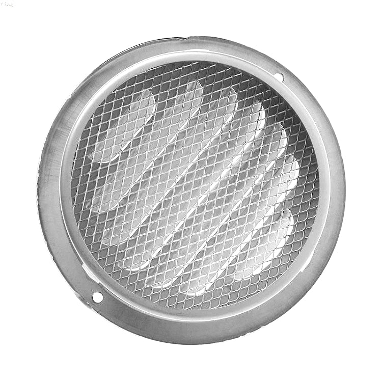 Stainless steel bird hood with circular mesh screen vent, front close-up