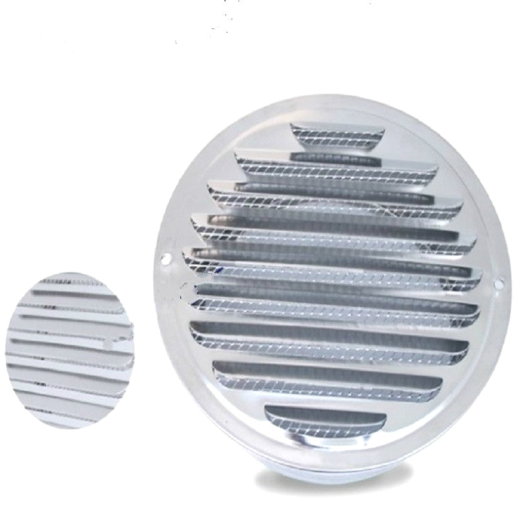 Stainless steel round bird hood vent cover with mesh, shown in two sizes