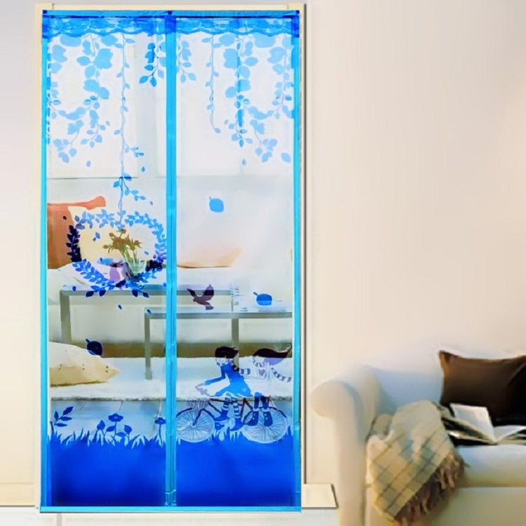 Blue magnetic mesh anti-insect curtain screen hanging in doorway, floral print