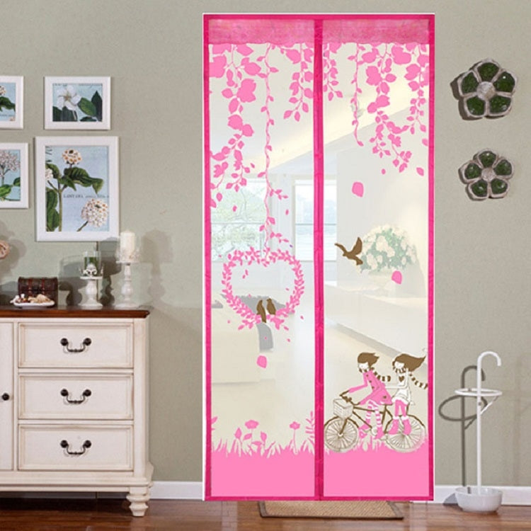 Pink magnetic mesh curtain screen with floral pattern and bike rider graphic