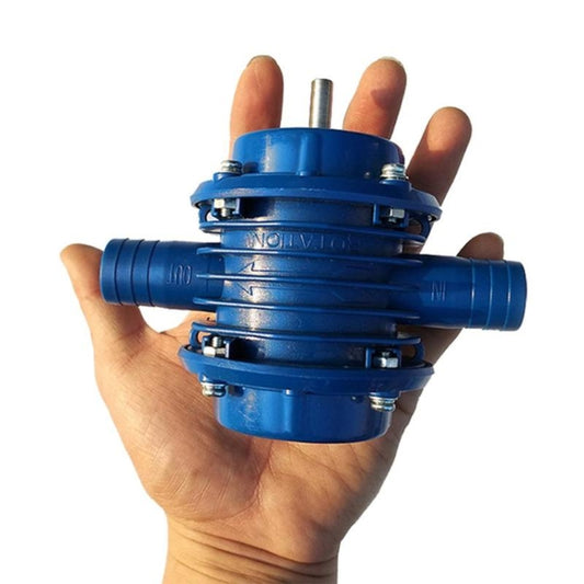 Blue self-priming centrifugal pump held in a hand, showing metal shaft and side ports