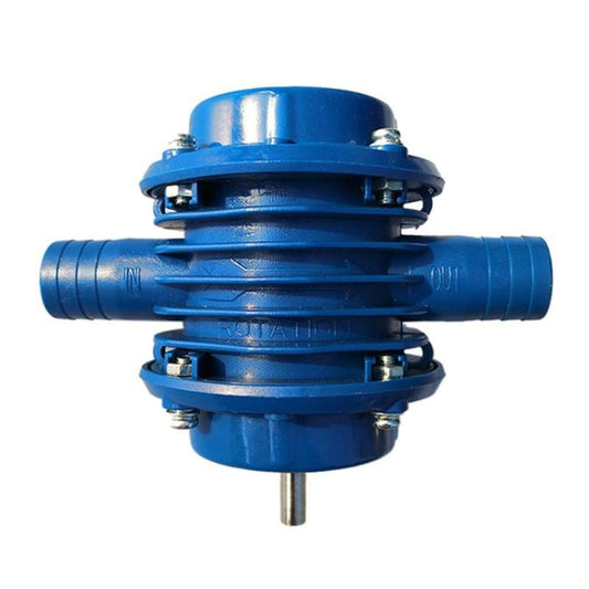 Blue self-priming centrifugal pump with inlet/outlet ports and exposed metal drive shaft