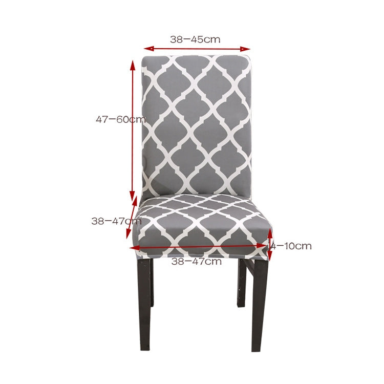 Stretch chair cover in gray with white trellis pattern and size guide