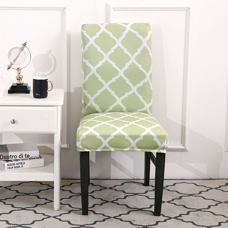 Stretch chair cover on chair, light green with white trellis pattern