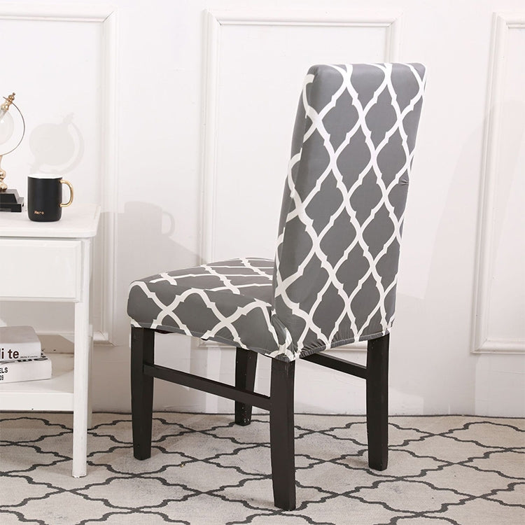 Stretch chair cover on chair, dark gray with white trellis pattern