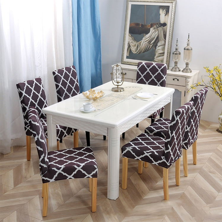 Stretch chair cover on chairs, maroon with white trellis pattern