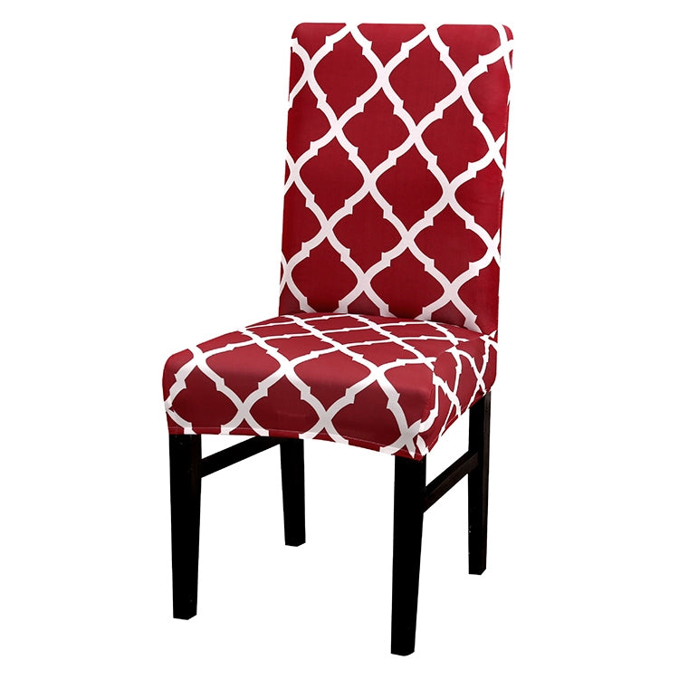 Stretch chair cover on chair, red with white trellis pattern