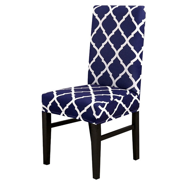 Stretch chair cover on chair, dark blue with white trellis pattern