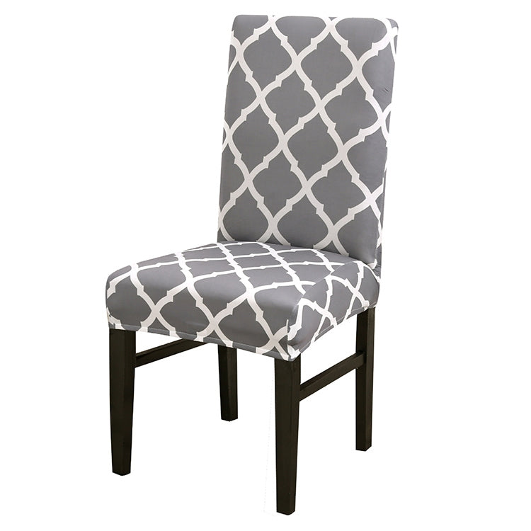 Stretch chair cover on chair, medium gray with white trellis pattern