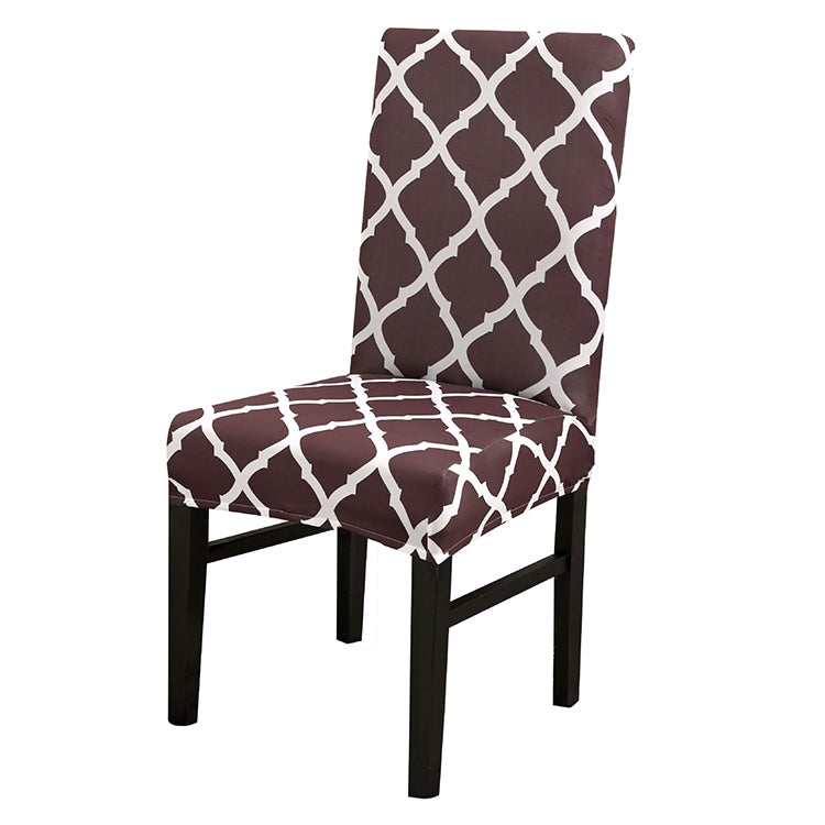 Wine red stretch chair cover with white geometric lattice pattern, seat and back