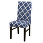 Dark blue stretch chair cover with white geometric lattice pattern on seat and back