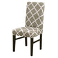 Grey stretch chair cover with white geometric lattice pattern on seat and back