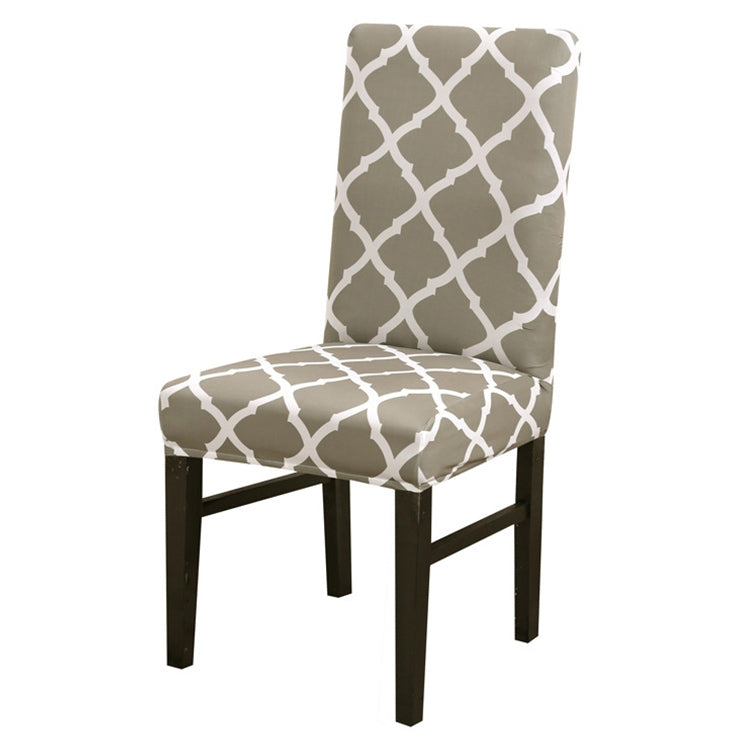 Grey stretch chair cover with white geometric lattice pattern on seat and back