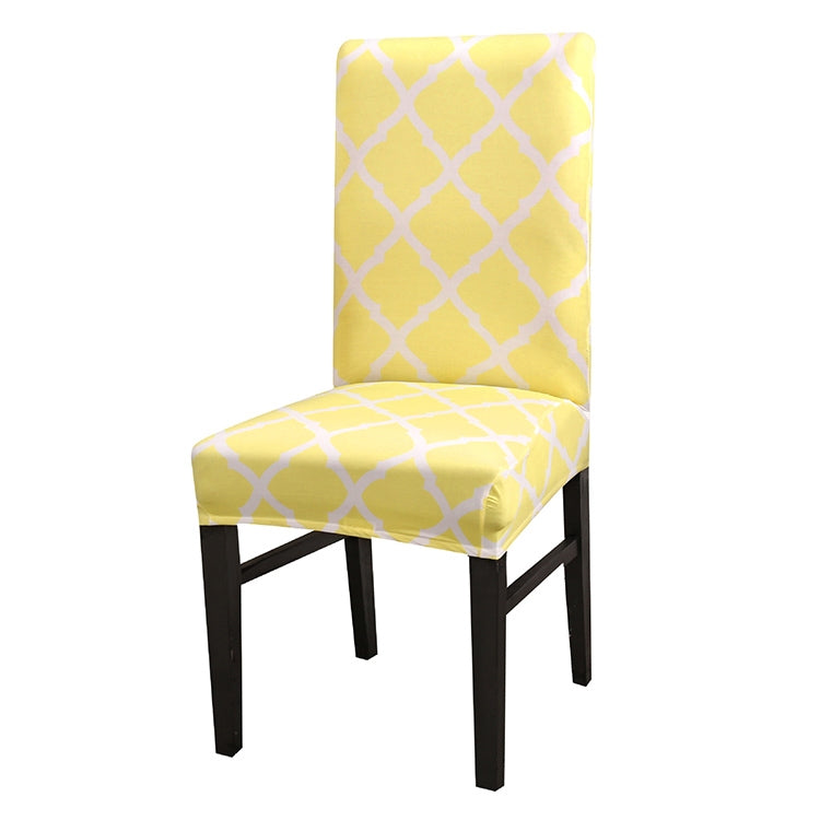 Light yellow stretch chair cover with white geometric lattice pattern on seat and back