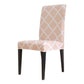 Blush pink stretch chair cover with white geometric lattice pattern on seat and back