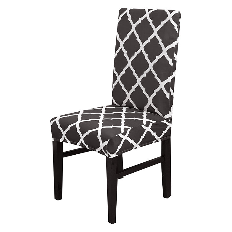 Black stretch chair cover with white geometric lattice pattern on seat and back