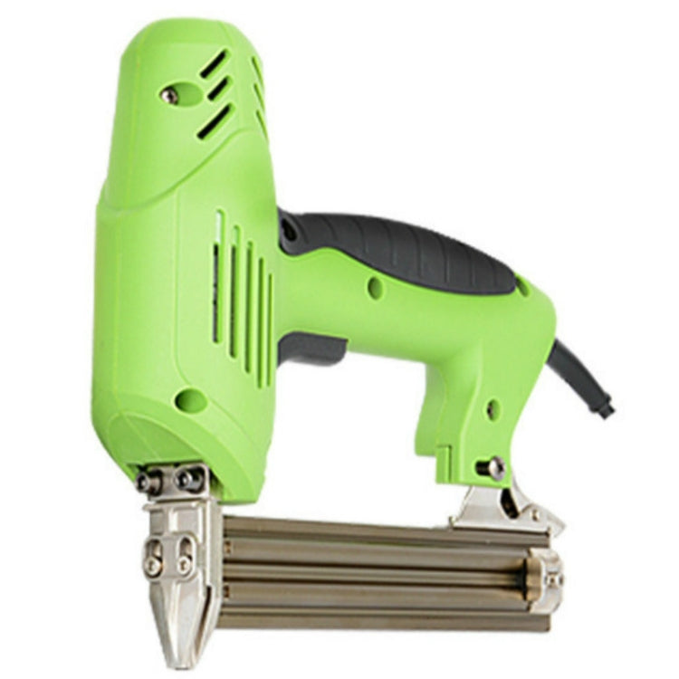 Green electric nail gun with black grip and metal nose, compact F30 style