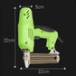 Green electric nail gun with metal magazine and pointed nose, size diagram view