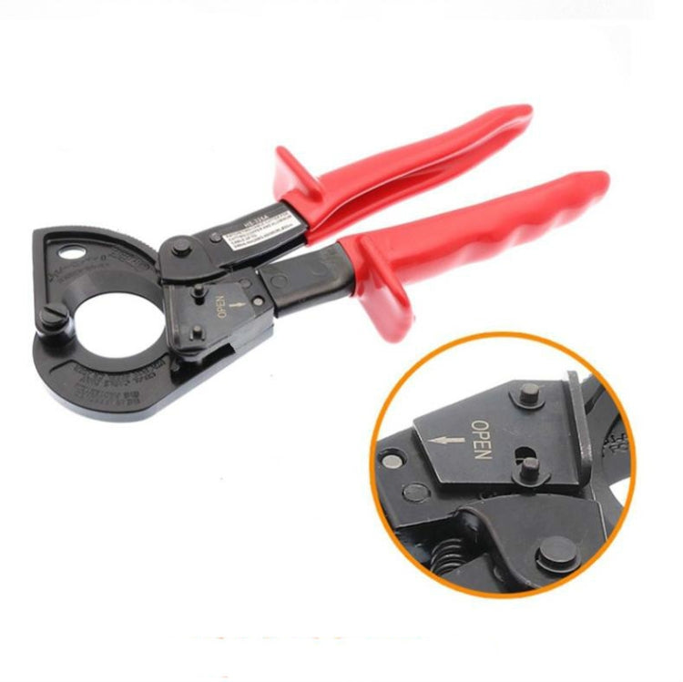 Red-handled cable cutter with black jaw; inset shows OPEN/DEP markings