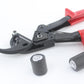 Ratchet cable cutter with serrated blade, black grip, and red handles