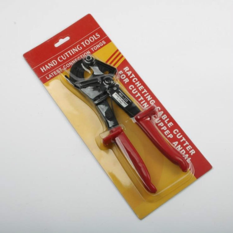 Blister-pack ratchet cable cutter tool with red handle on a hang card