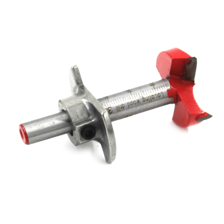 Wood drill hinge reamer bit with red flat wings and silver shank