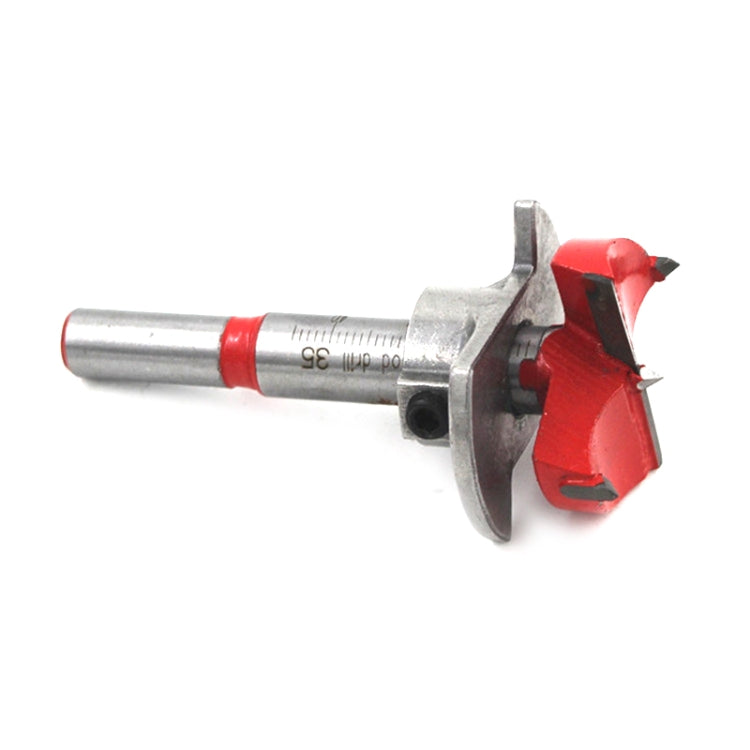 Wood drill hinge reamer bit with red wings and metal cutting collar
