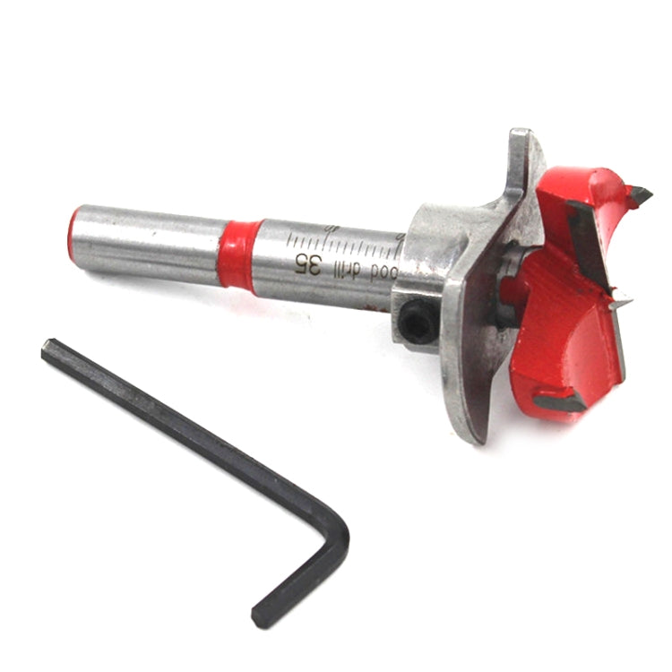 Wood drill hinge reamer bit with red wings and included hex key