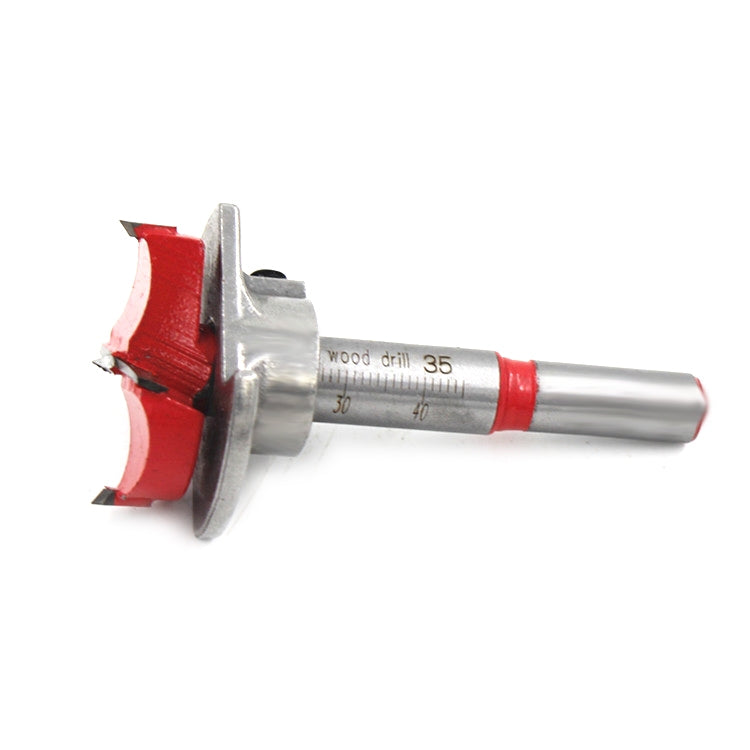 Wood drill hinge reamer bit with red wing cutter and silver guide shank