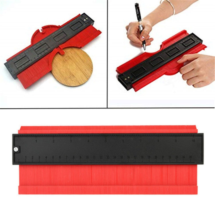 Red irregular contour gauge tool with black measuring scale and sliding pins