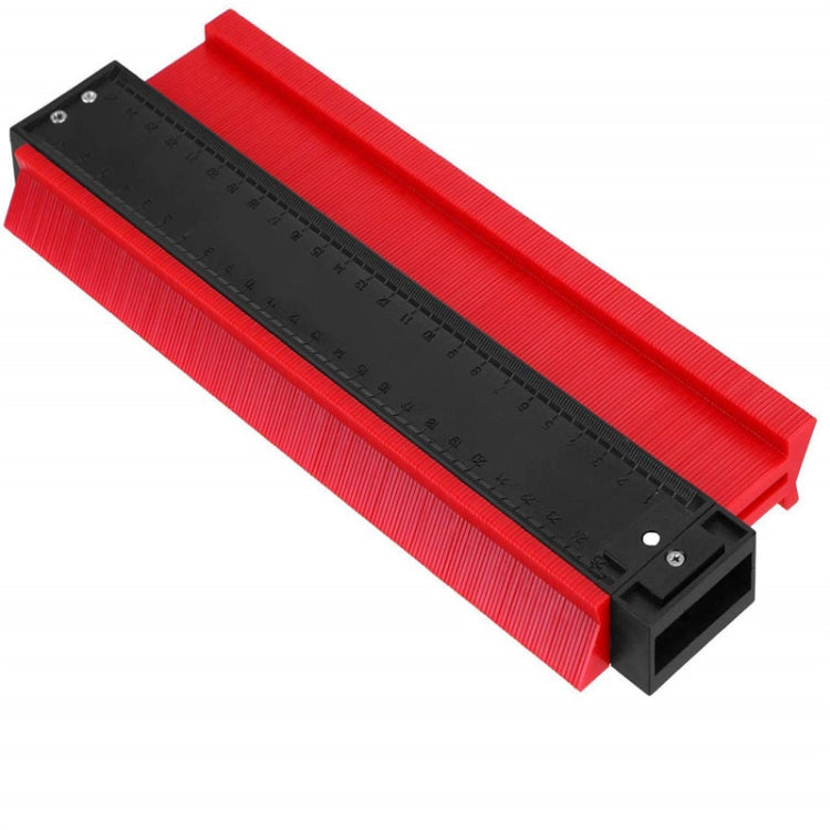 Red 10-inch contour gauge tool with black measuring scale and end bracket