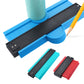 Blue contour gauge tool with black measuring scale and included red/teal gauges