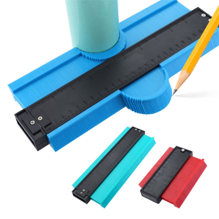 Blue contour gauge tool with black measuring scale and included red/teal gauges