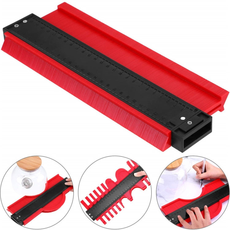 Red contour gauge tool with black measuring scale and ribbed red base