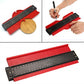 Red irregular contour arc gauge tool with black measuring bar and adjustable guide