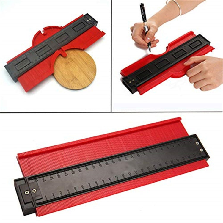 Red irregular contour arc gauge tool with black measuring bar and adjustable guide