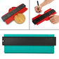 Blue irregular contour arc gauge tool with black measuring scale