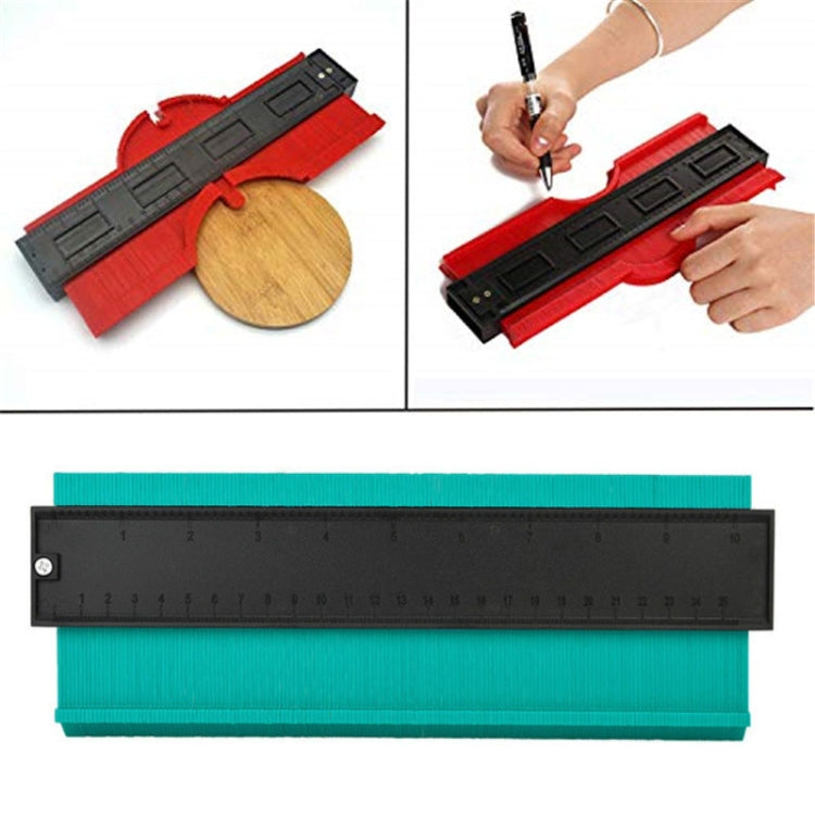 Blue irregular contour arc gauge tool with black measuring scale