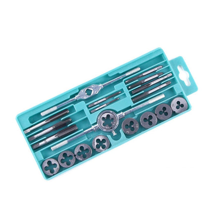 Thread tap and die set with teal storage case holding multiple metal taps and dies