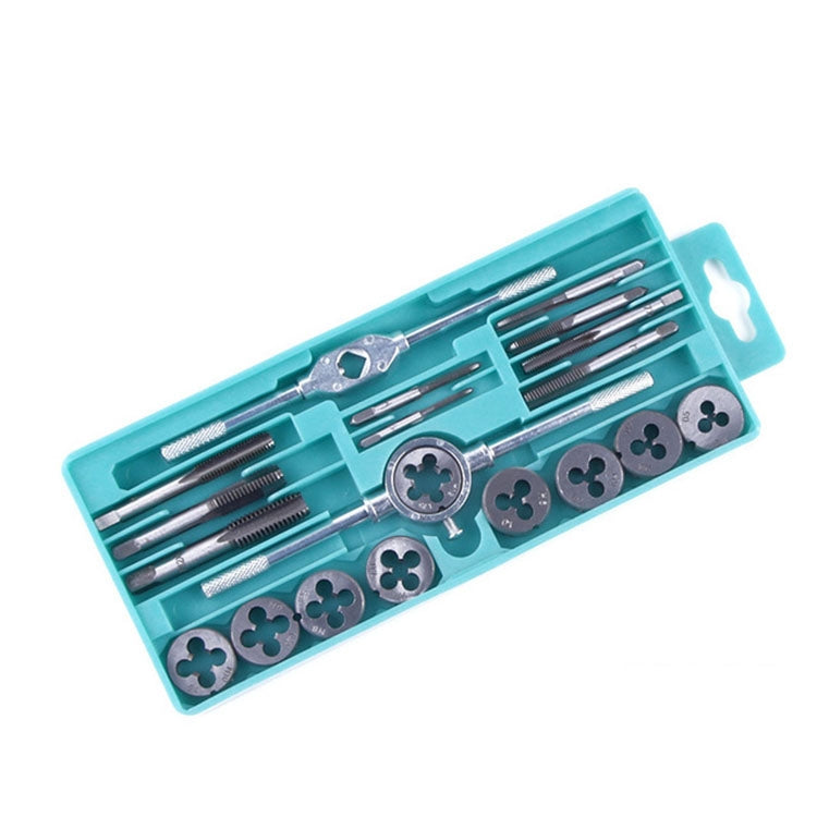 Teal tap and die set case with metal taps, round dies, and a tap guide tool