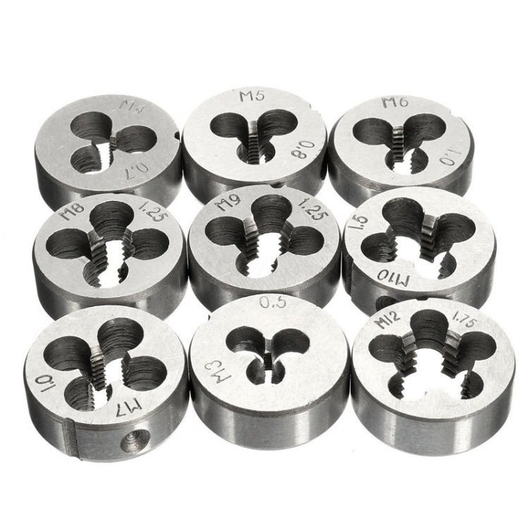 Steel thread dies, round with engraved sizes and multiple threaded cutting openings