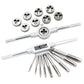Thread tap and die set with round dies, taps, and several metal threading tools