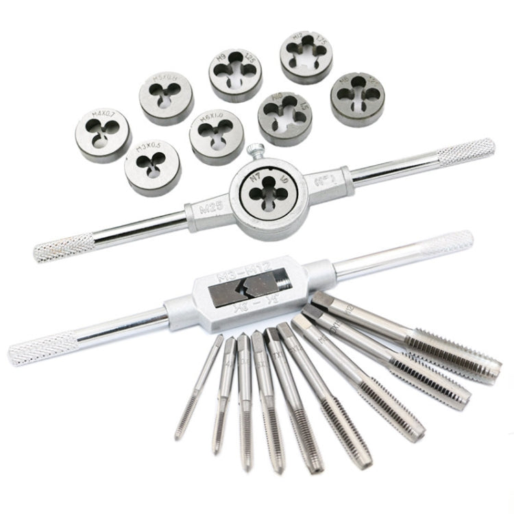 Thread tap and die set with round dies, taps, and several metal threading tools