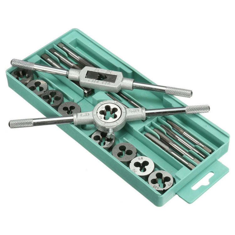 Tap and die set in teal case with long handles, dies, and metal cutting tools