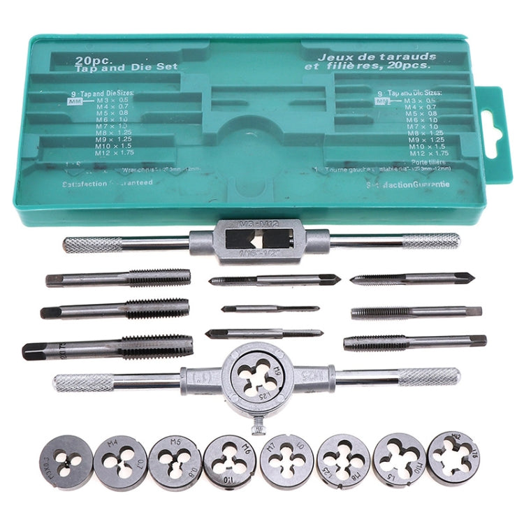 20-piece tap and die set in teal case with taps, dies, and handle tools