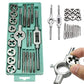 Open teal tap and die kit with dies and taps, plus hand holding a die